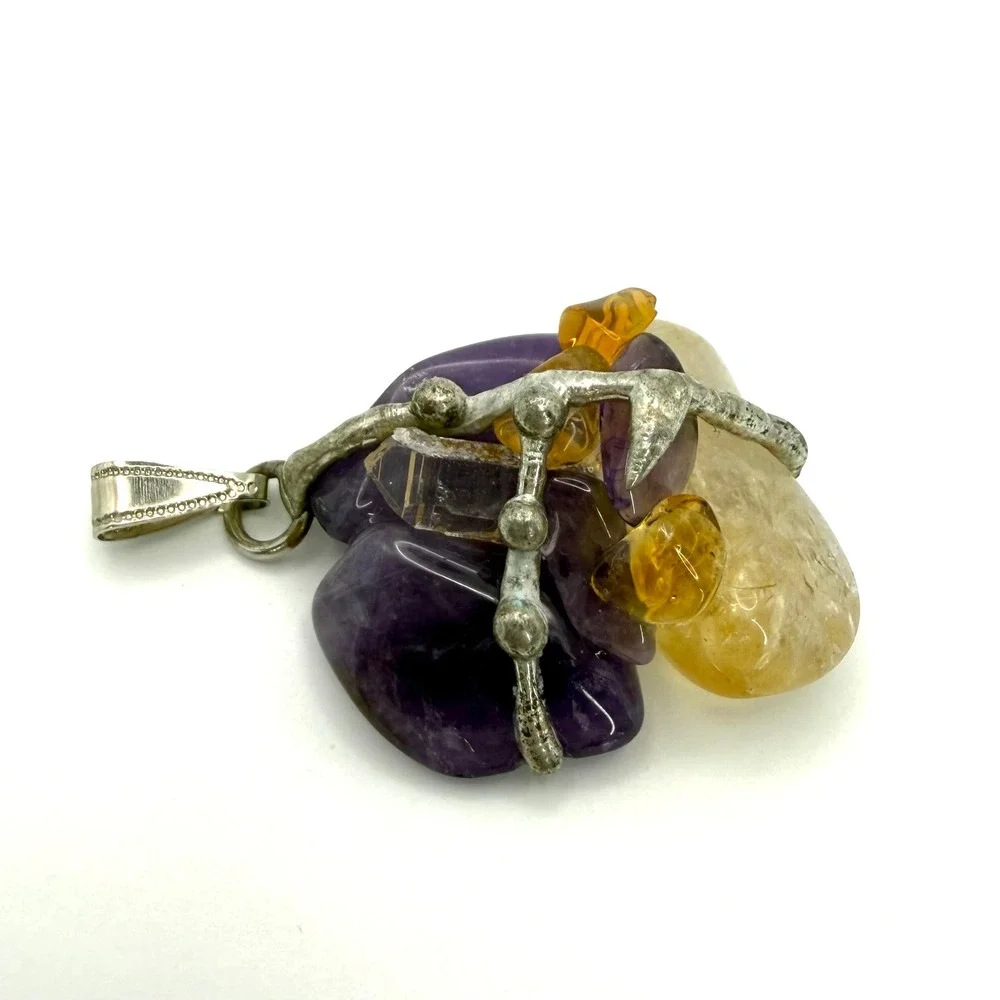 Amethyst Citrine Quartz Crystal Pendant Silver Tone Brutalist‎ Boho Artisan